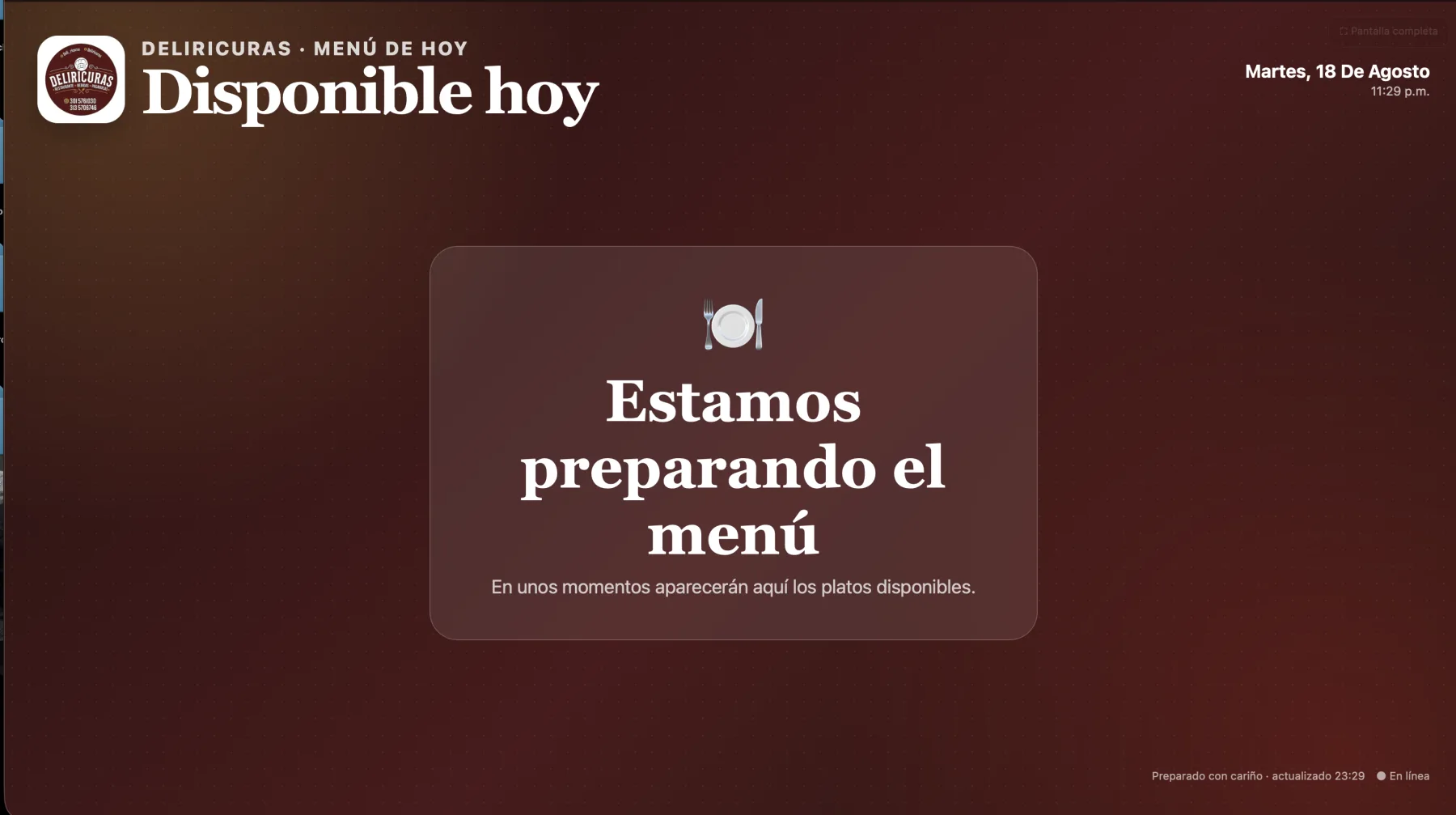Menú disponible para televisión de Restobar