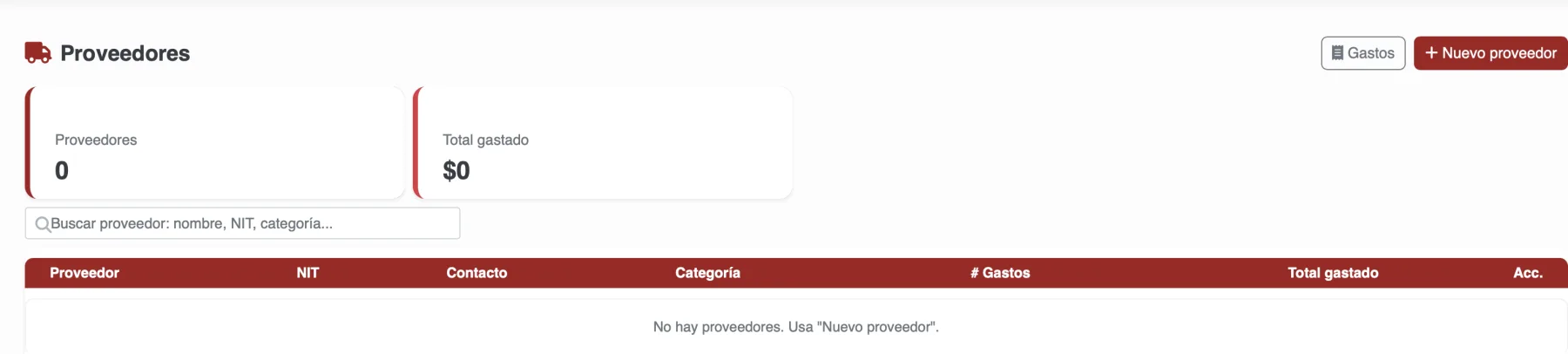 Vista real de proveedores de Restobar POS